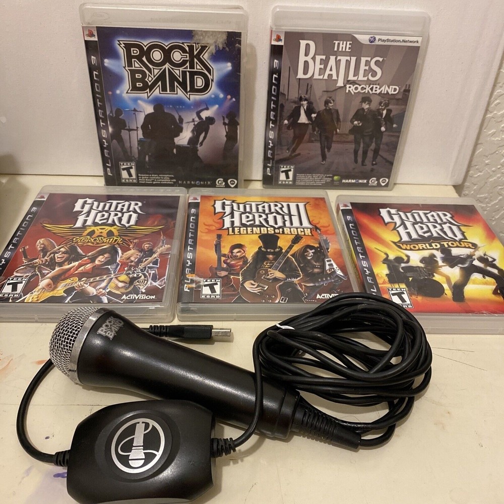 Guitar Hero Guitar PS3 Aerosmith World Tour Rock Band Beatles 5 Games microphone